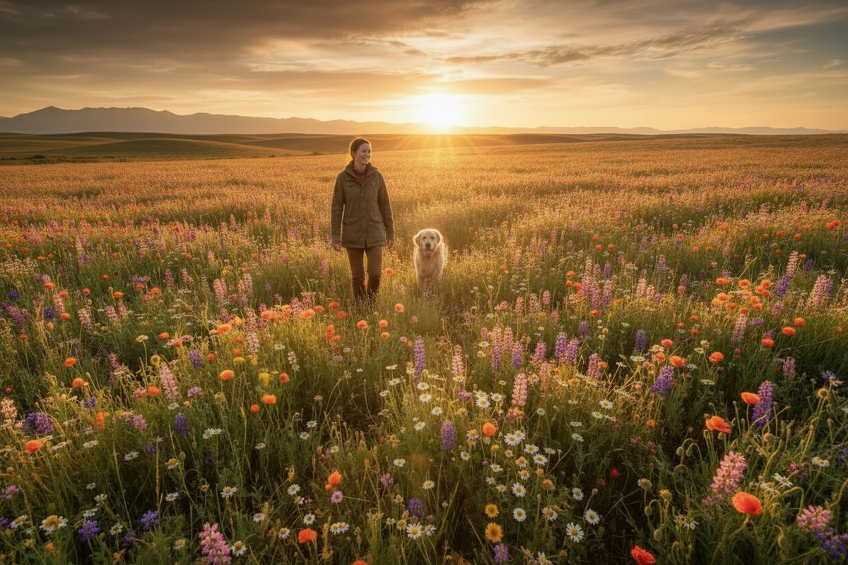 Woman and dog in flower field at sunrise